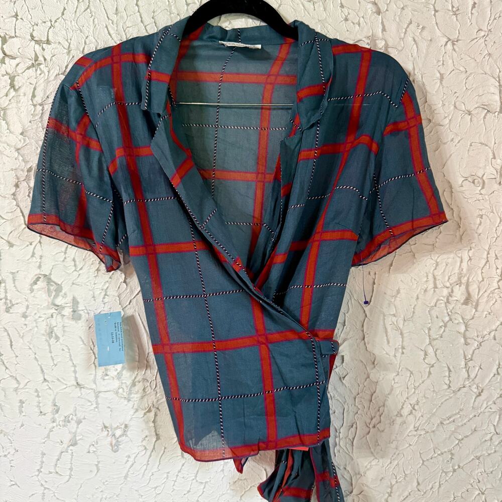 Vintage Calvin Klein Wrap Top NWT Size 14 Plaid Cotton Blouse